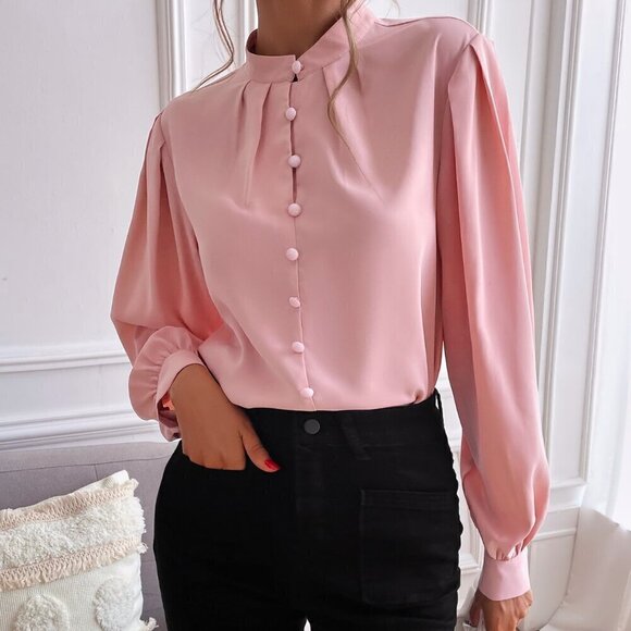 Baby Pink Elegant Women's Bishop Sleeve Button Up Blouse - Picture 4 of 6